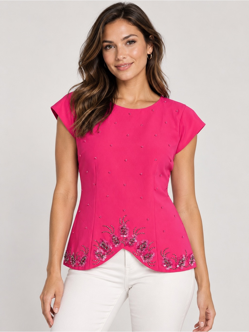 Simon Chang Vintage Beaded Fuchsia Pink Structured Top | Size 8